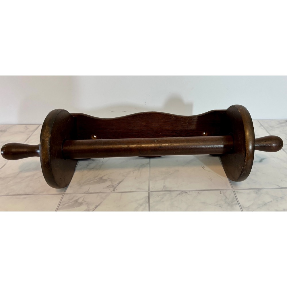 Vintage Wooden Paper Towel Holder Cottagecore Dark Brown Farmhouse Spindle Rod